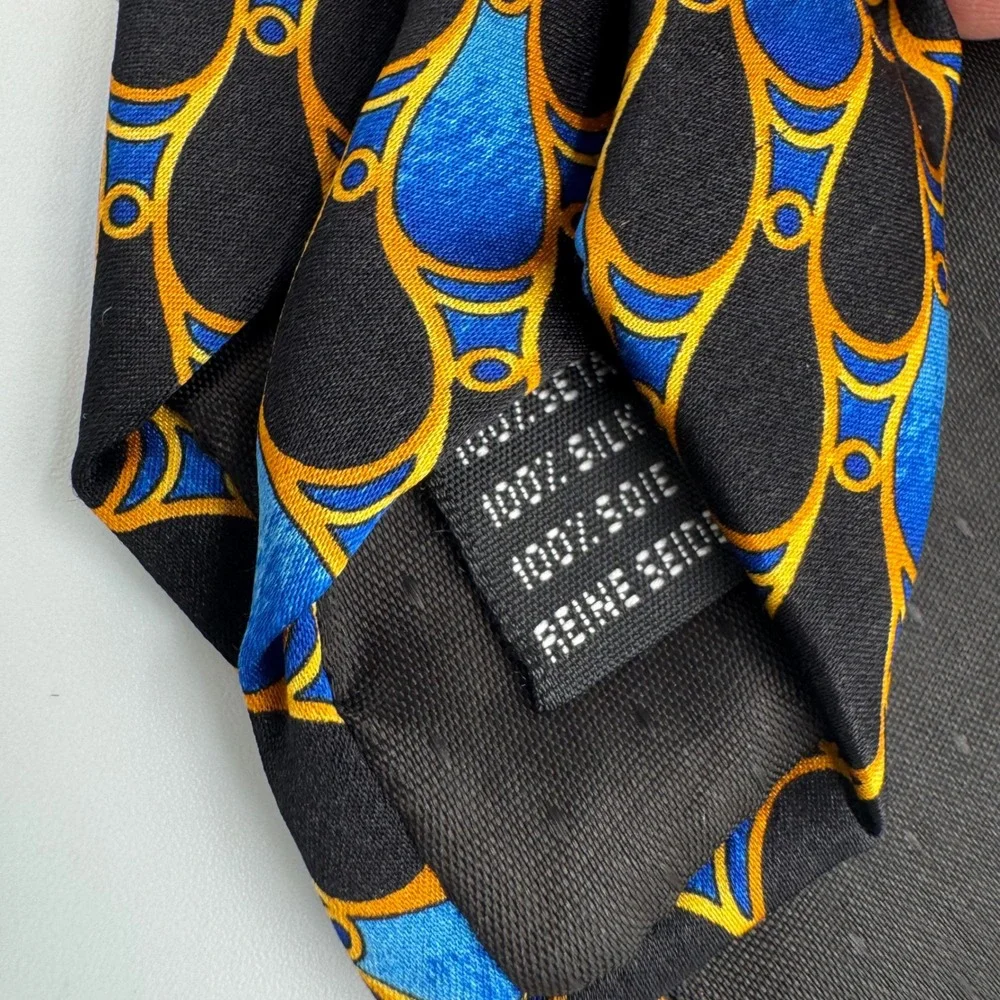Pavone Mens Silk Tie Italy Luxury Blue‎ Gold Black Pattern Necktie Vintage